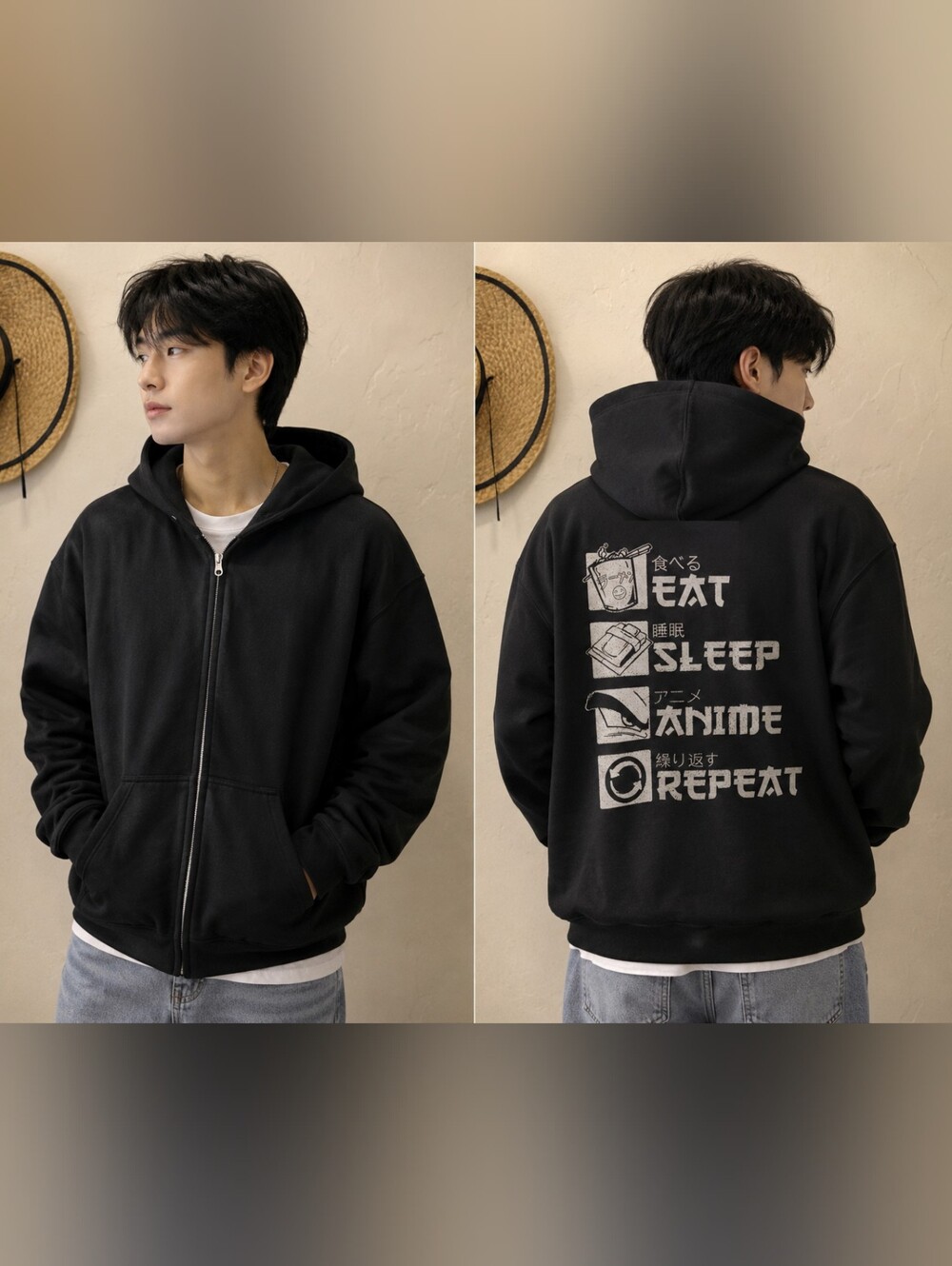 Anime Black Graphic Zip-Up Hoodie Sweatshirt